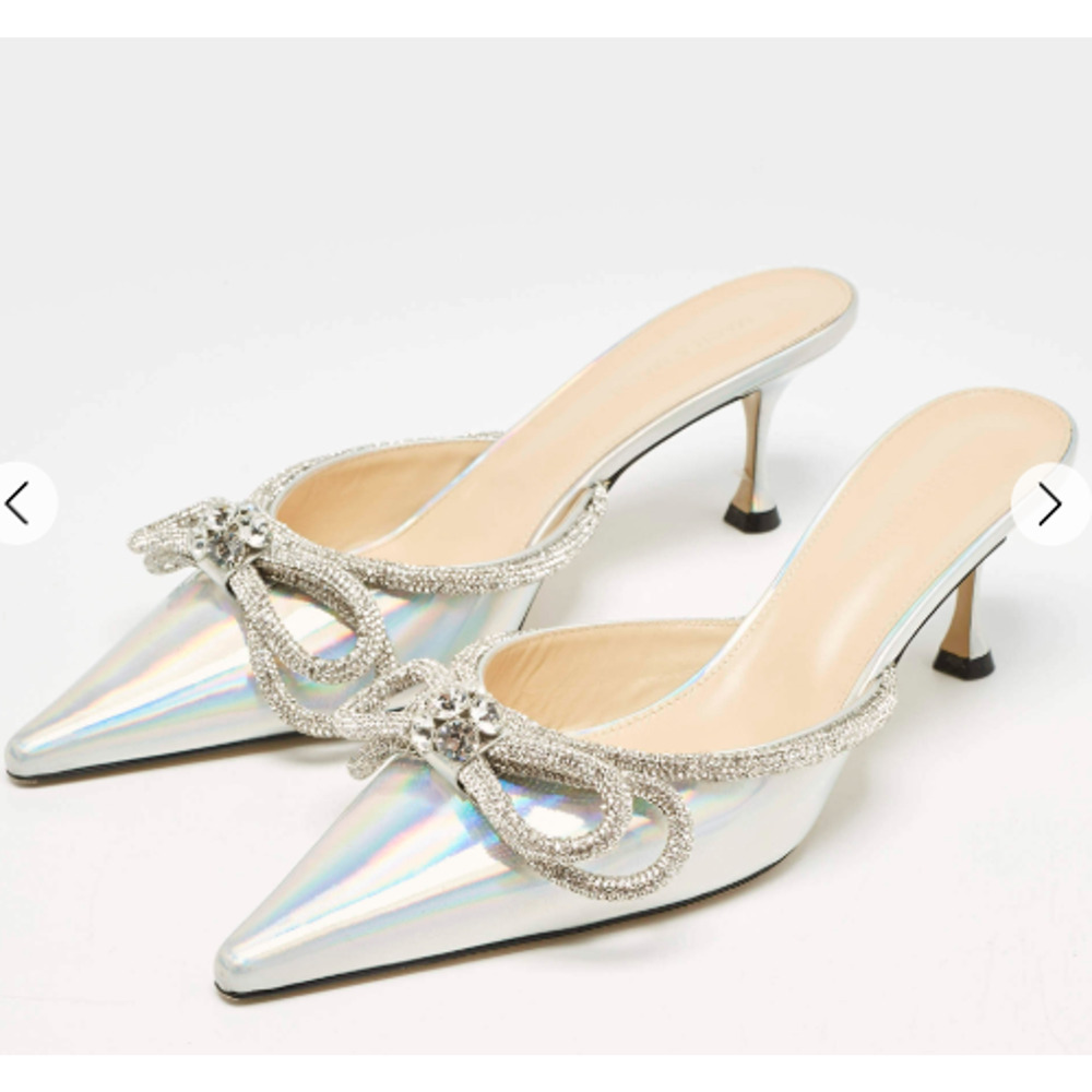 Mach & Mach Iridescent  Crystal-Embellished Double Bow Mules Silver Women's 37